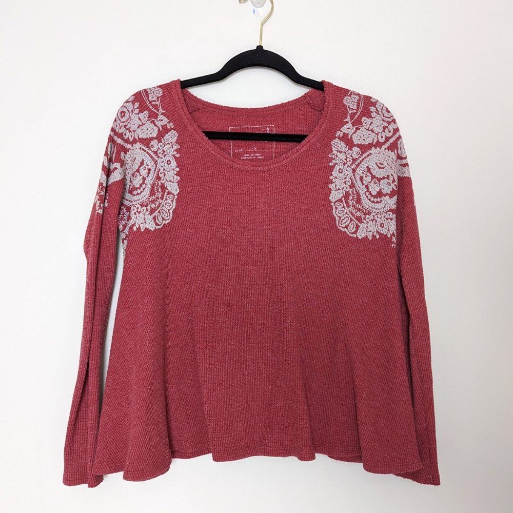 Free People We the Free Red Waffle Knit Paisley Long Sleeve T-Shirt
